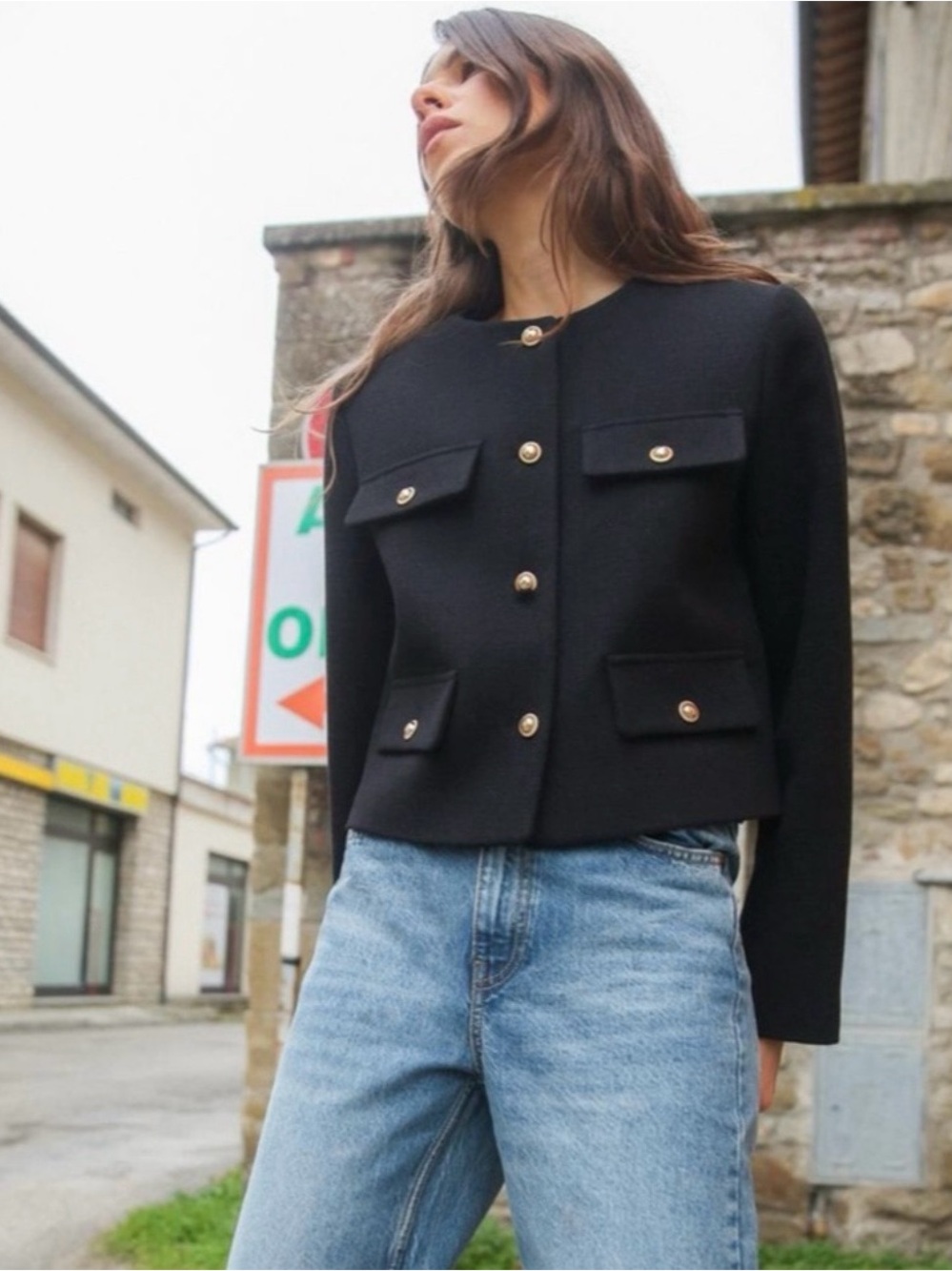 ZARA Black Cropped Flap Jacket Lady Blazer Gold Buttons Size Large
